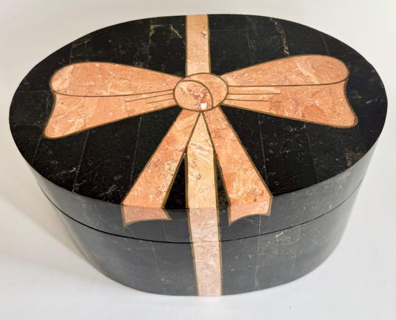 Maitland Smith Marble Box with Bow Design Vintage Marble Pink Travertine Flush Inlaid Stone Large Decorative Oval Hinged Box