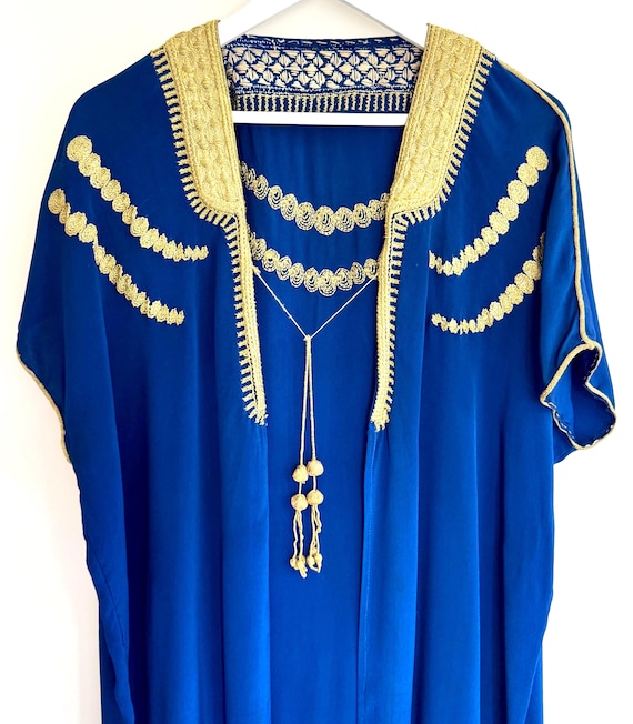 Vintage Crepe de Chine Kaftan Duster Moroccan Cobalt Blue with Gold Embroidery