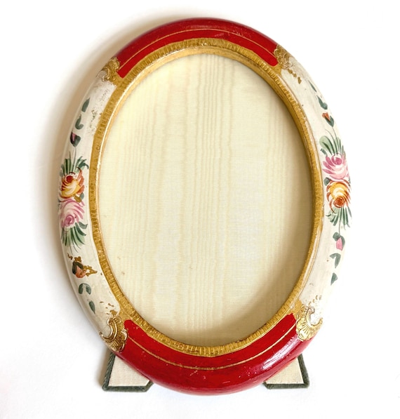 Vintage Italian Florentine Wood Frame Oval Table Picture Frame Hand Painted Floral Flower Gilt Gold Accent Made In Italy