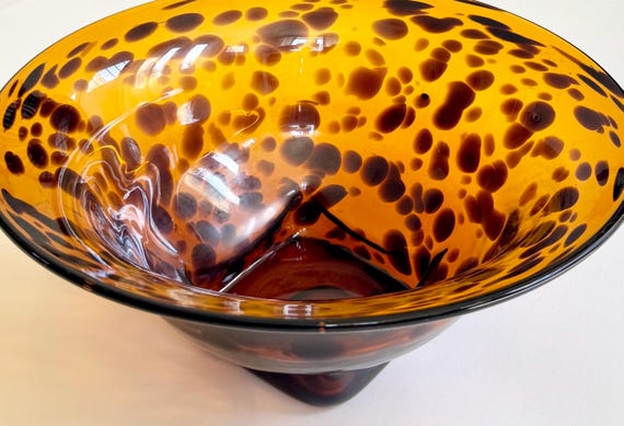 Vintage Tortoise Glass Bowl Decorative Spotted Amber Butterscotch Art Glass Bowl Bubble Inclusions MCM Mid Century Modernist Home Large 11"