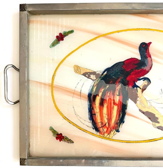 Art Deco Decorative Tray Peacock Bird Reverse Glass Painting