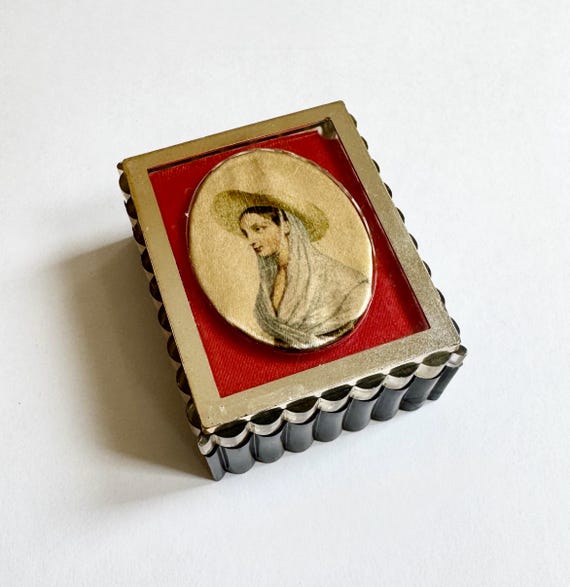 Vintage Italian Portrait Box Female Woman Image on Satin Fabric Small Trinket Jewelry Souvenir Box Made in Italy