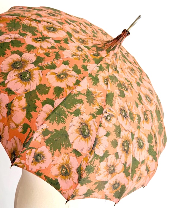 Vintage Floral Umbrella Mid Century PK Polan Katz Parasol with Plastic Handle