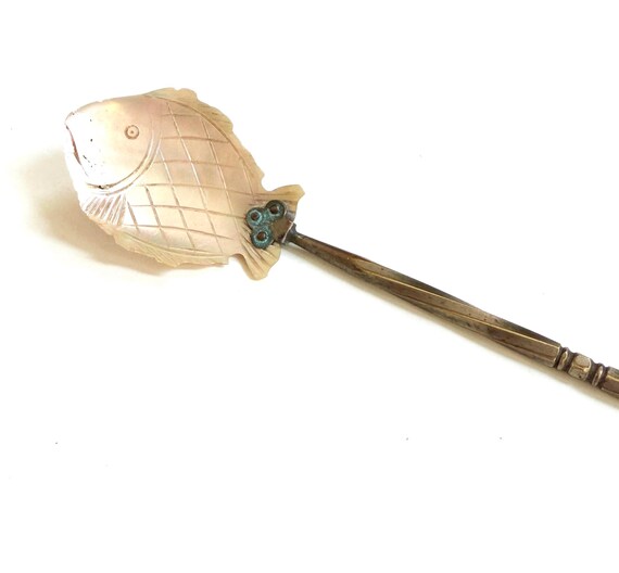 Antique Mother of Pearl Caviar Serving Spoon Carved Shell Fish