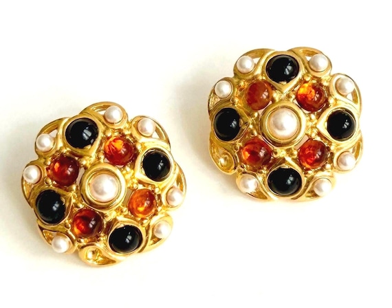 Vintage Gold Earrings 80s Faux Pearl Jewel Circular Round Studs