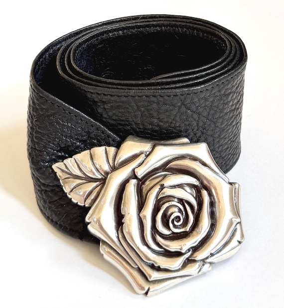 Vintage Brighton Rose Belt Silver Rosette Buckle Soft Black Leather Strap
