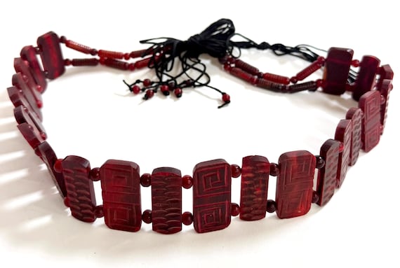 Boho Vintage Tile Beaded Hip Belt Oxblood Red 60s 70s France