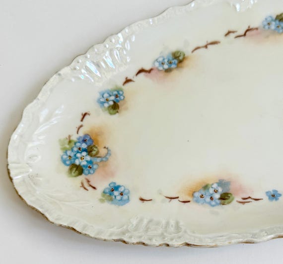 Vintage Limoges Serving Plate Dish Jean Pouyat Iridescent White Blue Floral Pattern Made in France Small Oval Serving Platter Antique