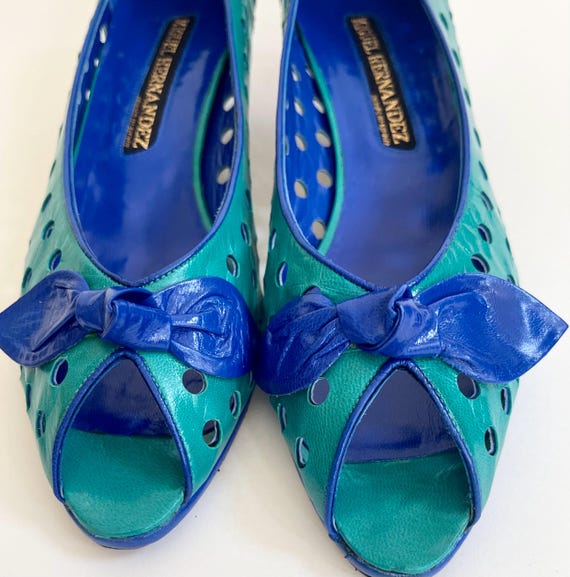 80s Miquel Hernandez Shoes Turquoise Blue Peep Toe Shoes Vintage 80s Designer Leather Cut Out Polka Dot Bow Detail 7N