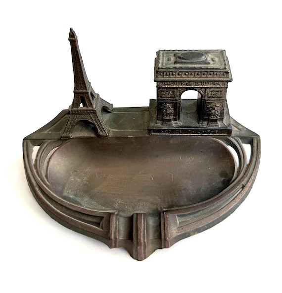 Vintage Paris Souvenir Ashtray Dish Art Deco Metal Eiffel Tower Arc de Triomphe