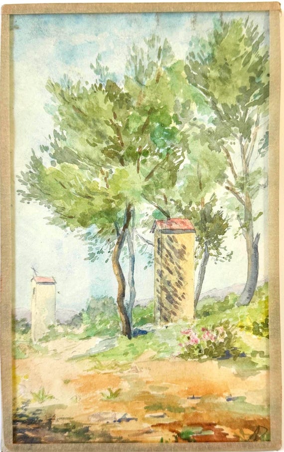 Antique French Watercolor Painting Provence Countryside Landscape