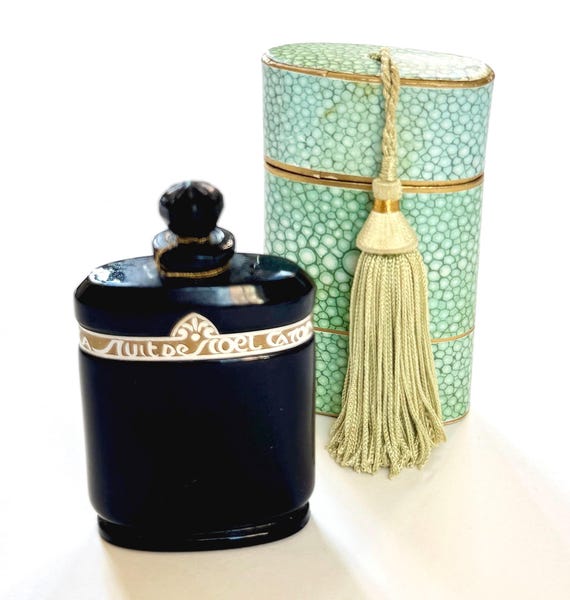 Antique Caron Nuit de Noel Perfume Art Deco Style Black Baccarat Crystal Bottle Flacon Gold Wrapped Logo Carved Stopper Tassel Box