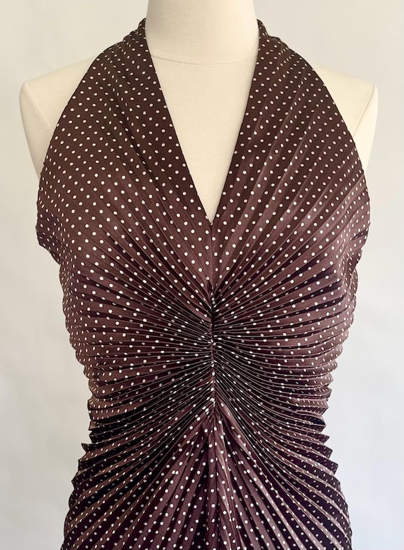 Polka Dot Halter Dress Halter Neck Vintage 90s Y2K Cocktail Dress Shirred Pleated Waist Brown White Dots Made in Canada by Joseph Ribkoff