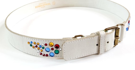Vintage Sonia Rykiel Winged Rhinestone Belt White Leather Strap