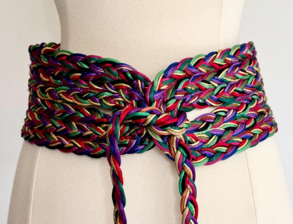 Wide Satin Cord Belt Jewel Tone Purple Green Red Black Gold Braided Woven Cord Waist Belt Vintage 80s Tie Waist