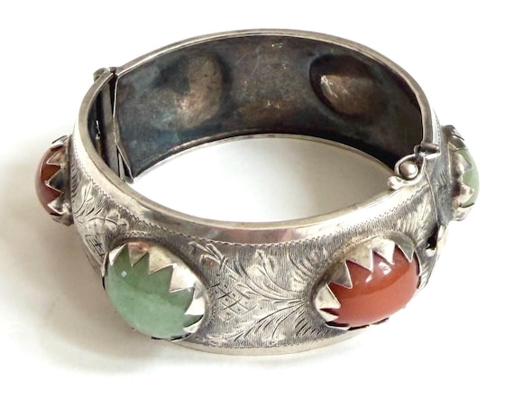 Vintage Etched Sterling Silver Hinged Bangle Bracelet Milky Red Coral and Jade Green Colored Gemstones