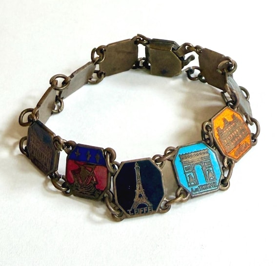 Vintage Paris Souvenir Link Bracelet Enameled Brass