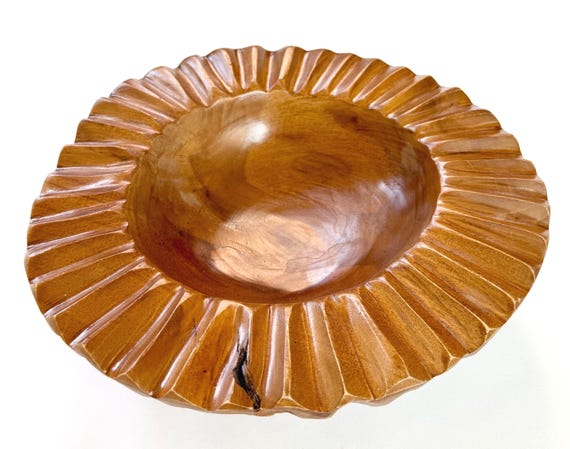 Vintage Organic Carved Solid Wood Decorative Bowl Fluted Rim