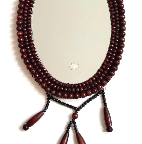 Vintage 60s Finnish Aarikka Wood Bead Oval Wall Mirror with Tassels Boho Home Decor