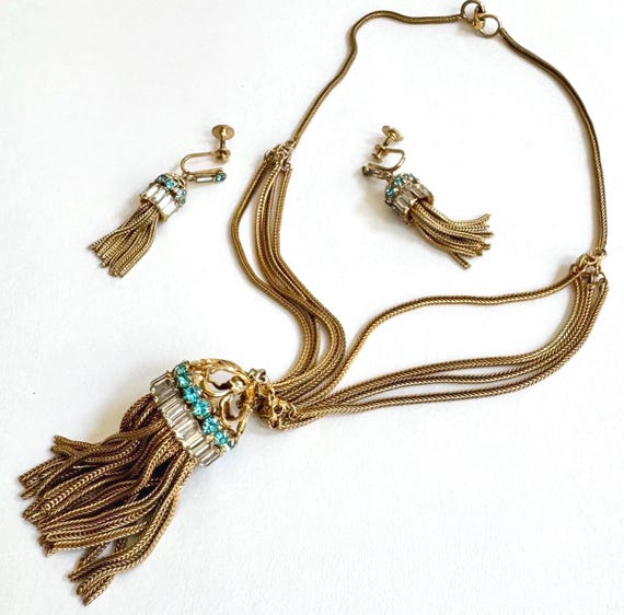 Vintage Gold Jewelry Set Paris Flea Market Find Slinky Gold Mesh Chain Bird Cage Necklace Drop Earrings Clear Blue Crystal Accents