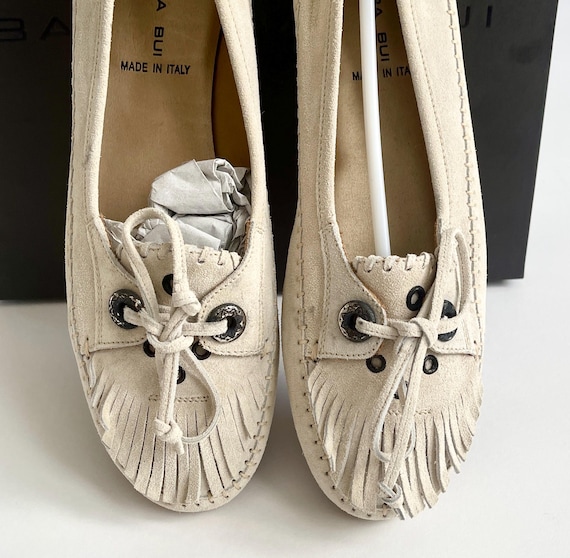 Barbara Bui Driving Shoes Loafers Moccasins Flats Soft Pale Beige Suede Fringe Tie Detail French Designer 39.5