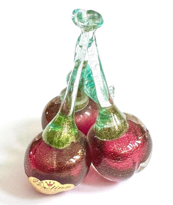 Alfredo Barbini Murano Glass Fruit Venetian Gold Speckled Cherries Sculpture Made in Italy