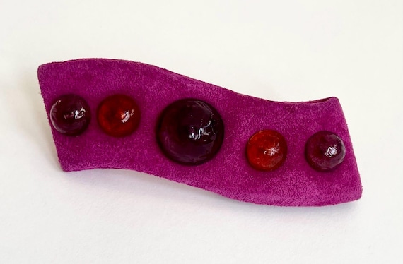 Vintage French Hair Barrette Clip Vintage 80s Hair Accessories Made in France Magenta Pink Purple Suede Jeweled Embellishments