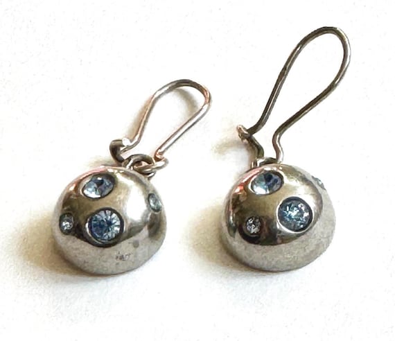 Vintage YSL Sterling Silver Earrings Blue Crystal Dome Dangle