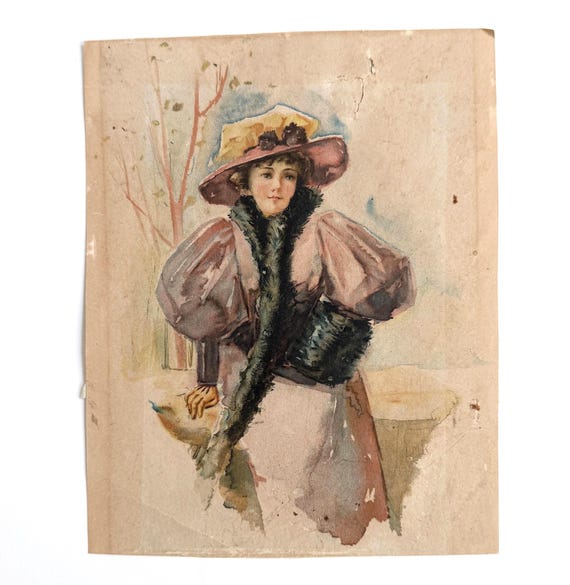 Original Edwardian Fashion Illustration Antique 1900's Watercolor Drawing of Belle Époque Woman