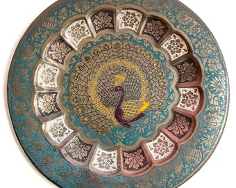 70s Brass Peacock Plate Enamel Floral Trinket Dish Vintage Boho Eclectic Decor