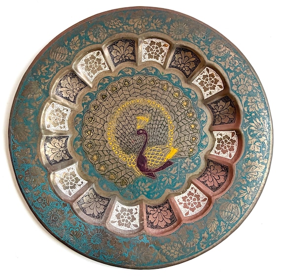 70s Brass Peacock Plate Enamel Floral Trinket Dish Vintage Boho Eclectic Decor