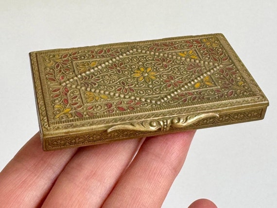 Small Antique Enamel Box Bronze Gold Tone Metal Decorative Floral Botanical Enamel Ornate Clasp Tobacco Snuff Pillbox