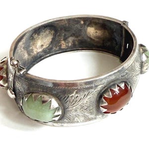 Vintage Sterling Silver Hinged Bangle Bracelet Red Coral Jade Green Gemstones