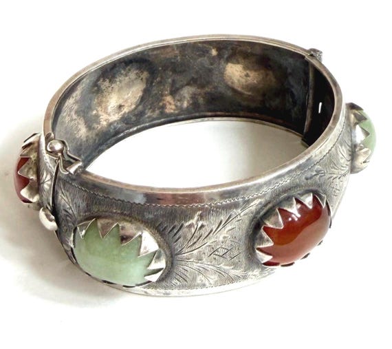 Vintage Sterling Silver Hinged Bangle Bracelet Red Coral Jade Green Gemstones
