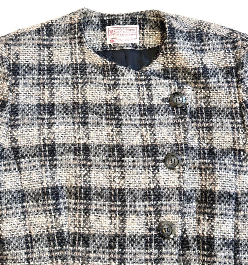 Vintage Pendleton Woolen Mills 70s 80s Plaid Collarless Jacket Soft Gray Plaid Virgin Wool Made in USA image 10