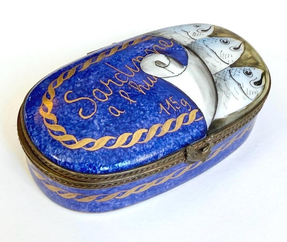Vintage Limoges Sardine Tin Trinket Box Blue White Chamart Peint Main Porcelain