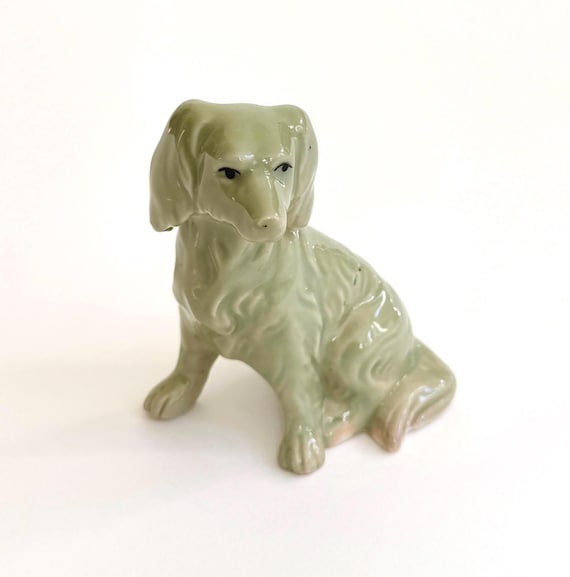 Green Celadon Dog Figurine Vintage Mid Century Glazed Ceramic Retriever Made in Japan