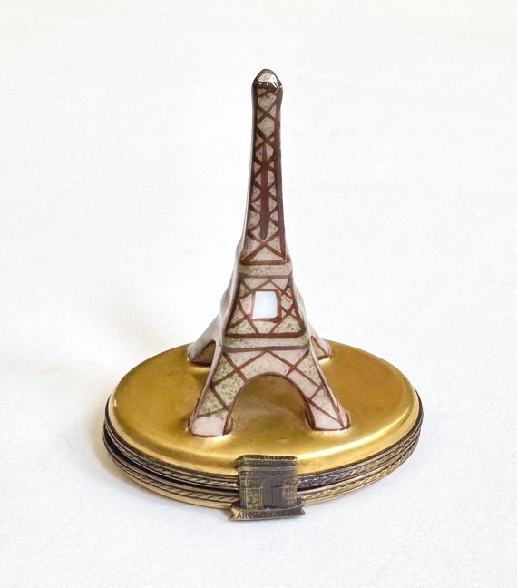 Vintage Limoges Eiffel Tower Box Peint Main Hand Painted Porcelain Arc de Triomphe Clasp Tiny Trinket Box Made in France