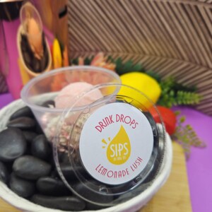 Peut inclure: Un r&eacute;cipient en plastique transparent avec une &eacute;tiquette &laquo; Drink Drops Sips by Mal Co Lemonade Lush &raquo; est pos&eacute; sur un petit panier tress&eacute; rempli de pierres noires. Une boisson rose et des vermicelles sont visibles &agrave; l'int&eacute;rieur. Un refroidisseur de boisson rose et dor&eacute; est en arri&egrave;re-plan.