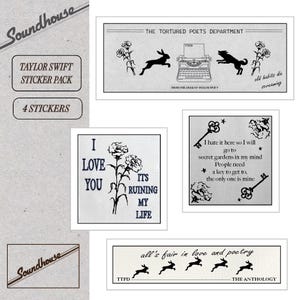 May include: A sticker pack with four stickers in black and white. The designs feature text and illustrations inspired by Taylor Swift's "The Tortured Poets Department" album, including rabbits, keys, and floral motifs.