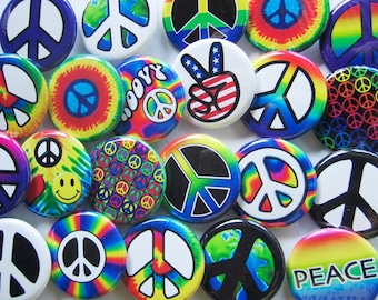 24 PEACE Pins in 2 sizes. 1.25" or 2.25" COLORFUL, PSYCHEDELIC Peace & Love Groovy Hippy Pin-back Buttons (Badges) for purses, jackets, etc.