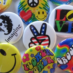 24 Sm 1.25 Groovy Button Pack Colorful Hippie Peace Heart Happy Pins 24 Pin Pack of 1.25 inch Quality Pin-Back Badges image 2