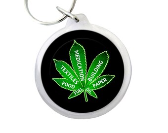 USES OF CANNABIS Keyring 1.75" Hippie Keychain with Green Pot Leaf Leaf  with Uses of Cannabis