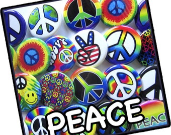 24 PEACE Pins in 2 sizes. 1.25" or 2.25" COLORFUL, PSYCHEDELIC Peace & Love Groovy Hippy Pin-back Buttons (Badges) for purses, jackets, etc.