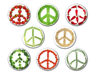 PEACE VEGGIE PINS! 8 Sm 1.25" Buttons with Vegetables & Fruits Shaped into Peace Signs Strawberries Peas Chili Peppers Celery Pinback Badges