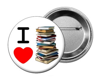 I HEART BOOKS Pin - Large 2.25" Button For Book Lovers, Librarians, Students and Readers  - Book Stack Reading Pin Back Badge or Button