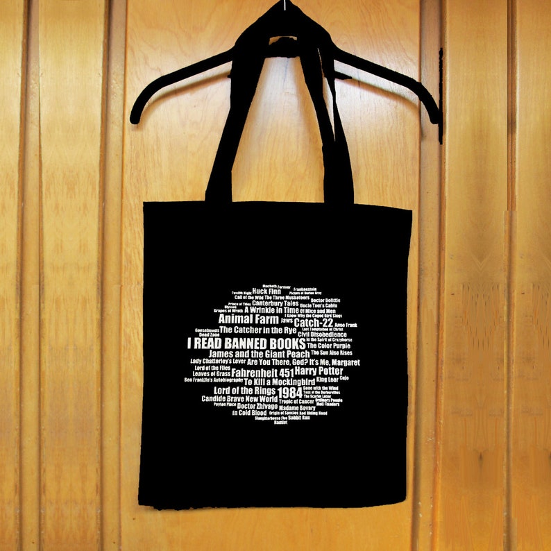 BANNED BOOKS TOTE 100/% Cotton Shopping Bag w Banned Books List for Librarians Book-Lovers and Readers Choose Word Cloud or Rectangle Layout