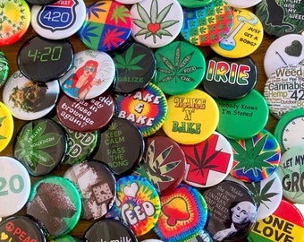 Choose 24 Pins - Cherry Pick 2 dozen 1.25" Marijuana Cannabis Pinback Pot Weed 420 Stoner Rasta Lion of Judah Irie Hemp Joint Stoner Buttons