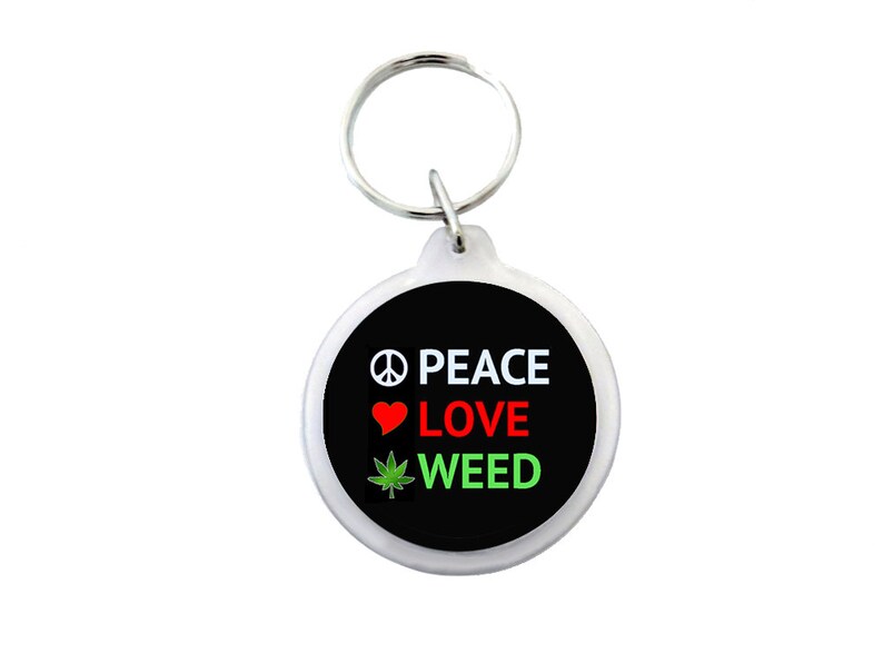 PEACE LOVE WEED Keyring 1.75 Peace-Love-Weed Images on Black Background Pot-Smokers Keychain image 2