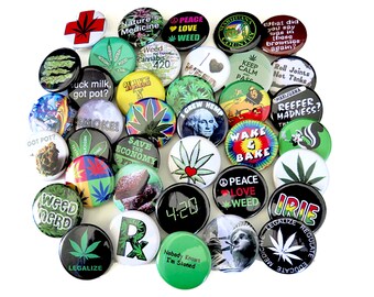 Choose 24 Pins - Cherry Pick 2 dozen 1.25" Marijuana Cannabis Pinback Pot Weed 420 Stoner Rasta Lion of Judah Irie Hemp Joint Stoner Buttons